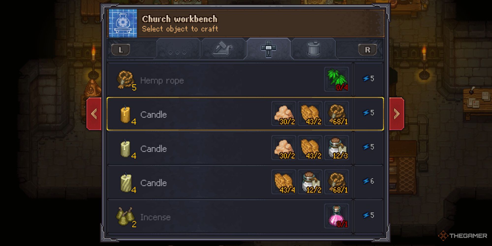 Graveyard Keeper Screenshot of the candle crafting menu 