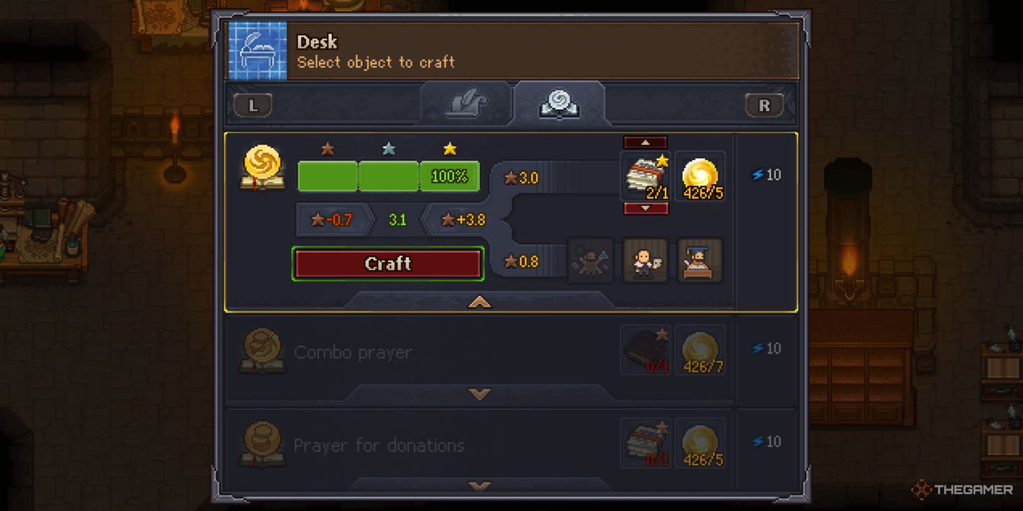 Graveyard Keeper Screenshot of the desk prayer crafting menu