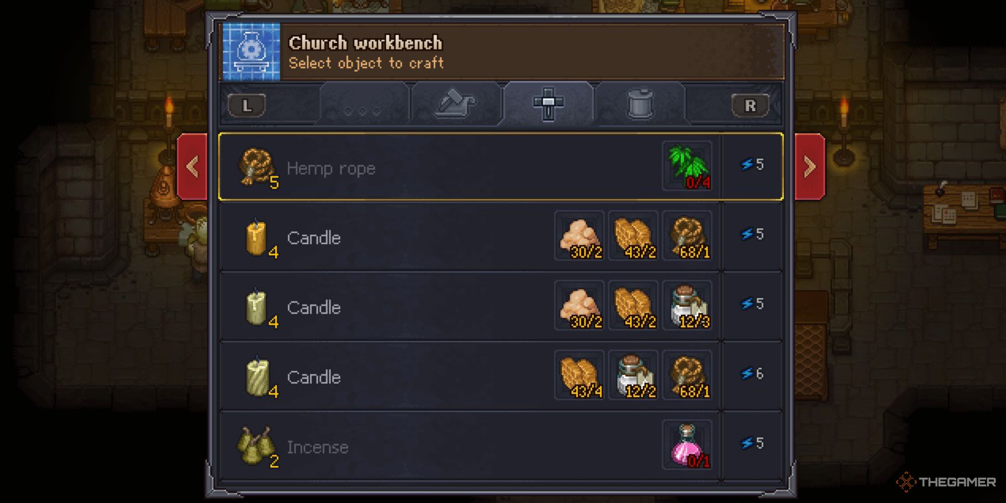 Graveyard Keeper Screenshot of the hemp rope crafting menu 