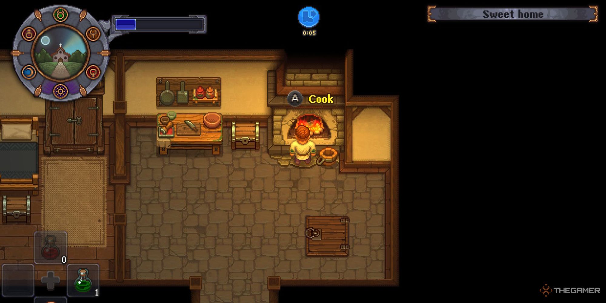 Graveyard Keeper Screenshot of the player in front of their cooking hearth