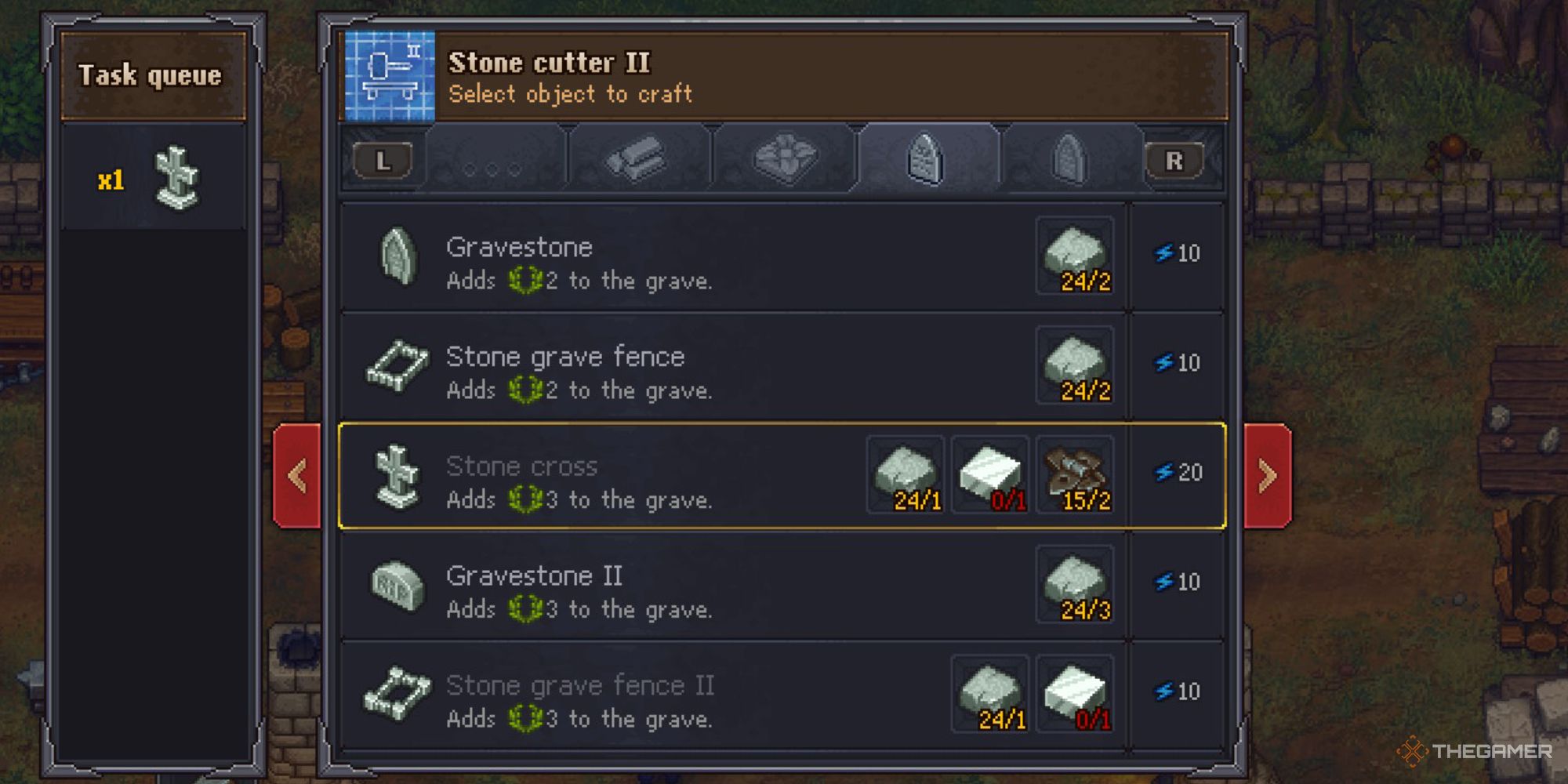 Graveyard Keeper Screenshot of the stone crafting menu