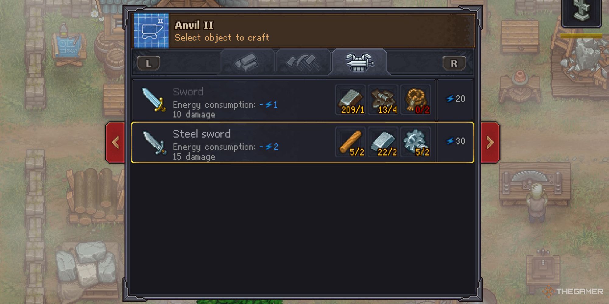 Graveyard Keeper sword crafting menu screenshot