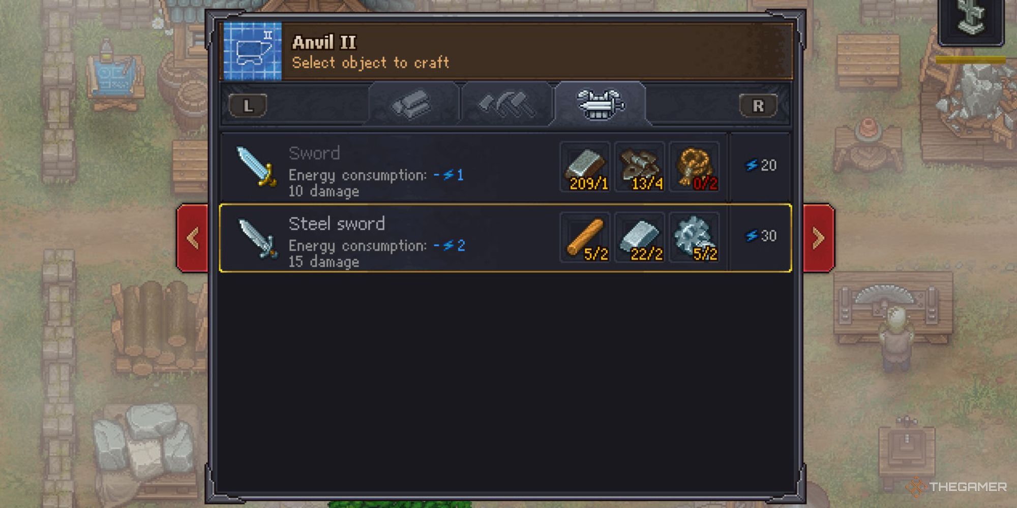 Graveyard Keeper Screenshot of the sword crafting menu