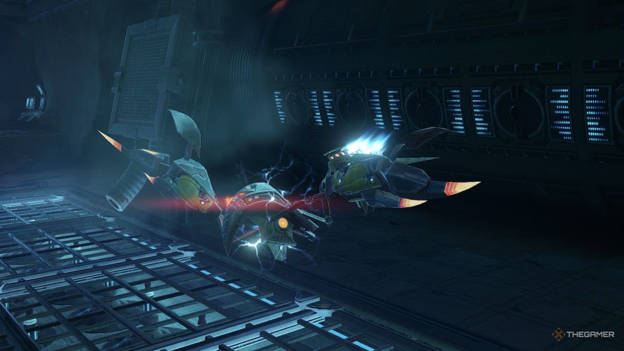 The Cloaked Drone spins wildly and explodes in a cutscene when defeated.