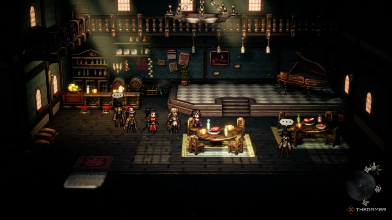 A screenshot of Gil in the tavern at New Delsta: Backstreets in Octopath Traveler 2