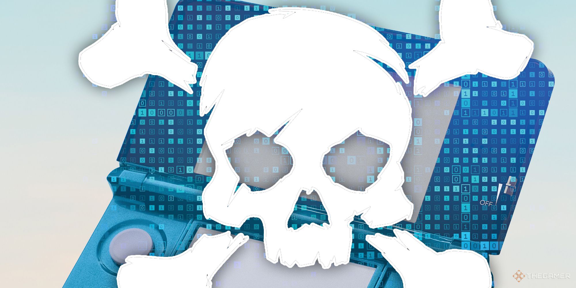 A blue Nintendo 3DS with a pirate skull and bones over it