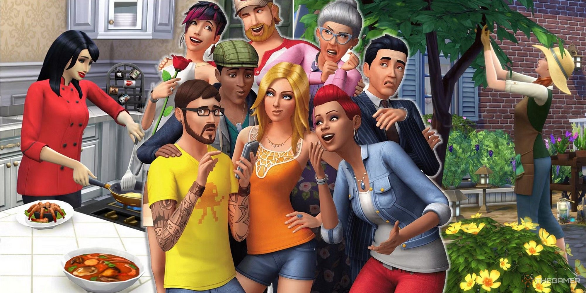 Eine Gruppe von Sims vor einem Koch-Sim und einem Botaniker-Sim für die besten Karriere-Sims 4
