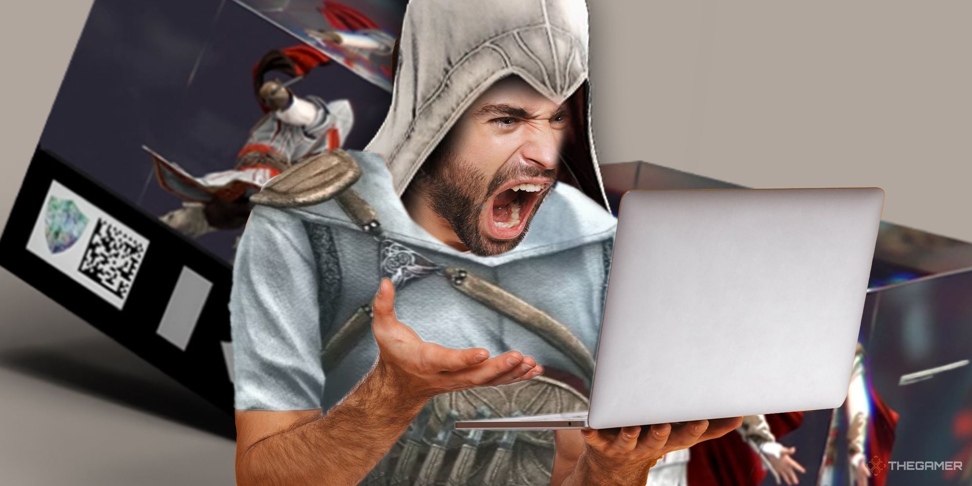 Man dressed up as an assassin from Assassin's Creed yells at a laptop