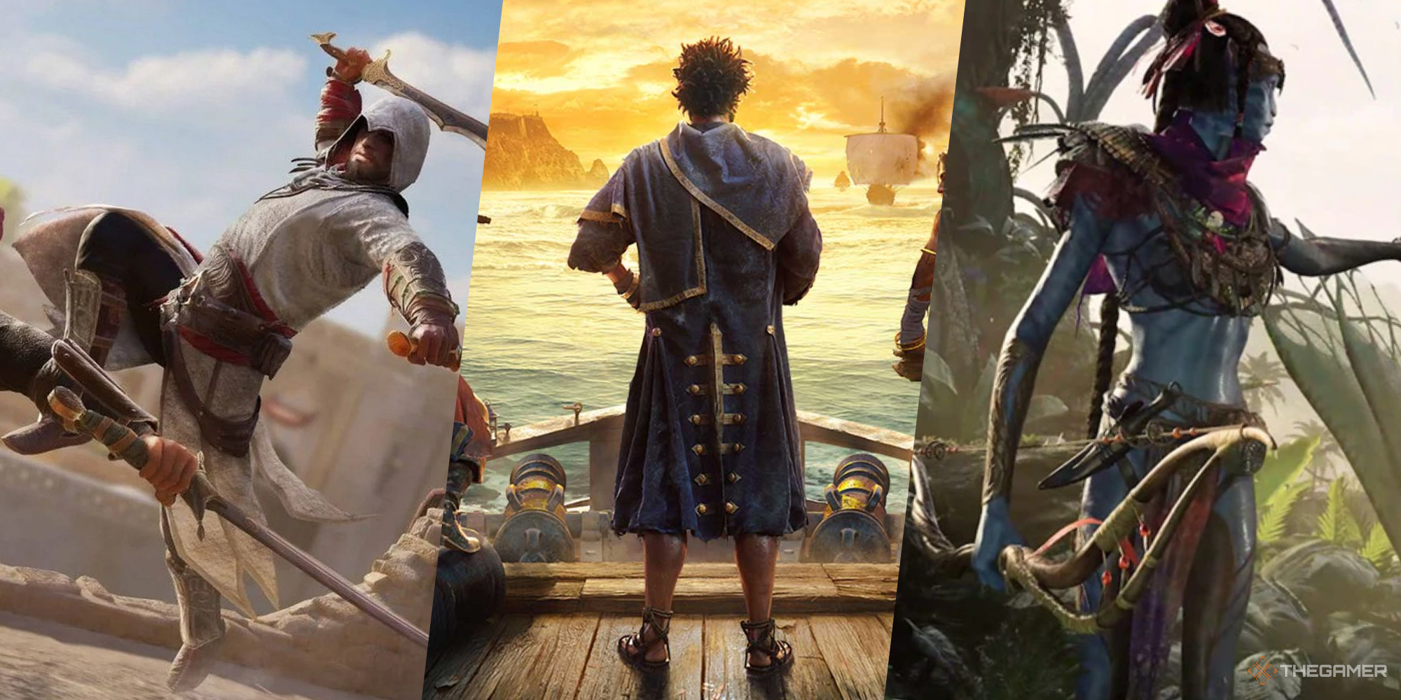 Left: Assassin's Creed character with a sword. Middle: Skull & Bones image, showing a pirate on his ship. Right: a blue Avatar character in a forest. 