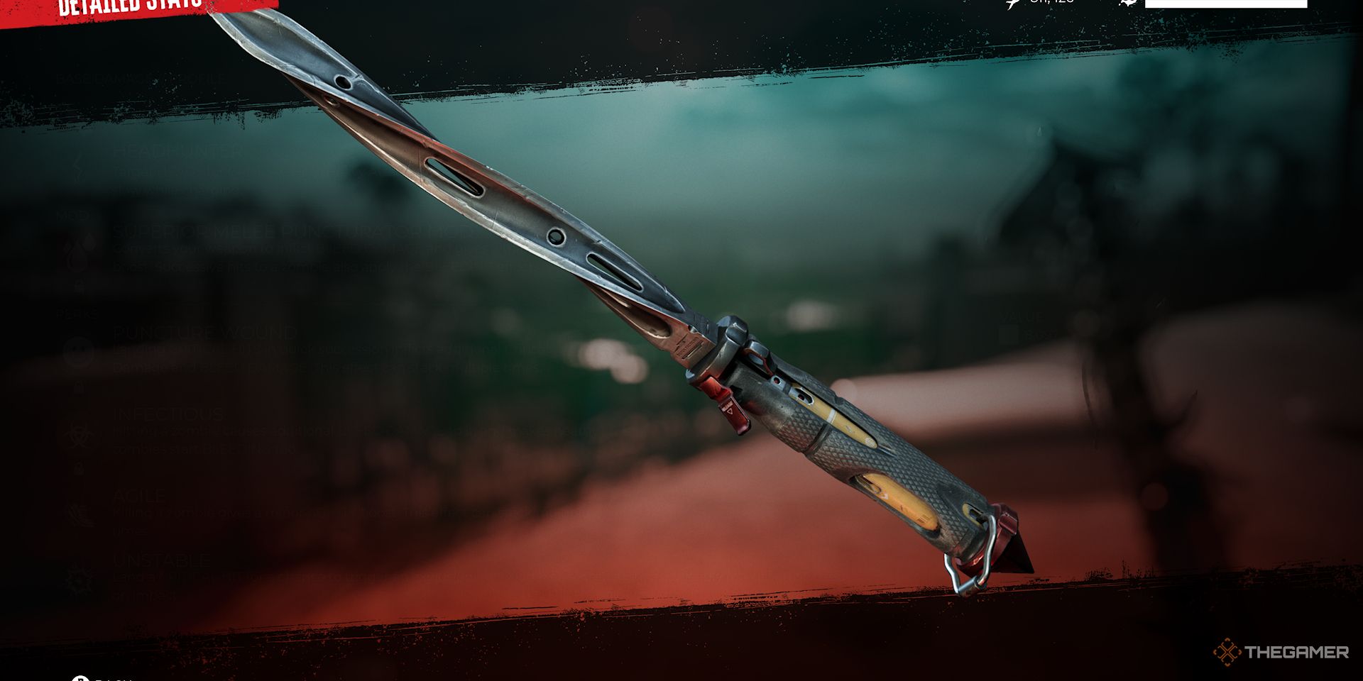 A close shot of the Blood Rage Legendary Weapon in Dead Island 2.