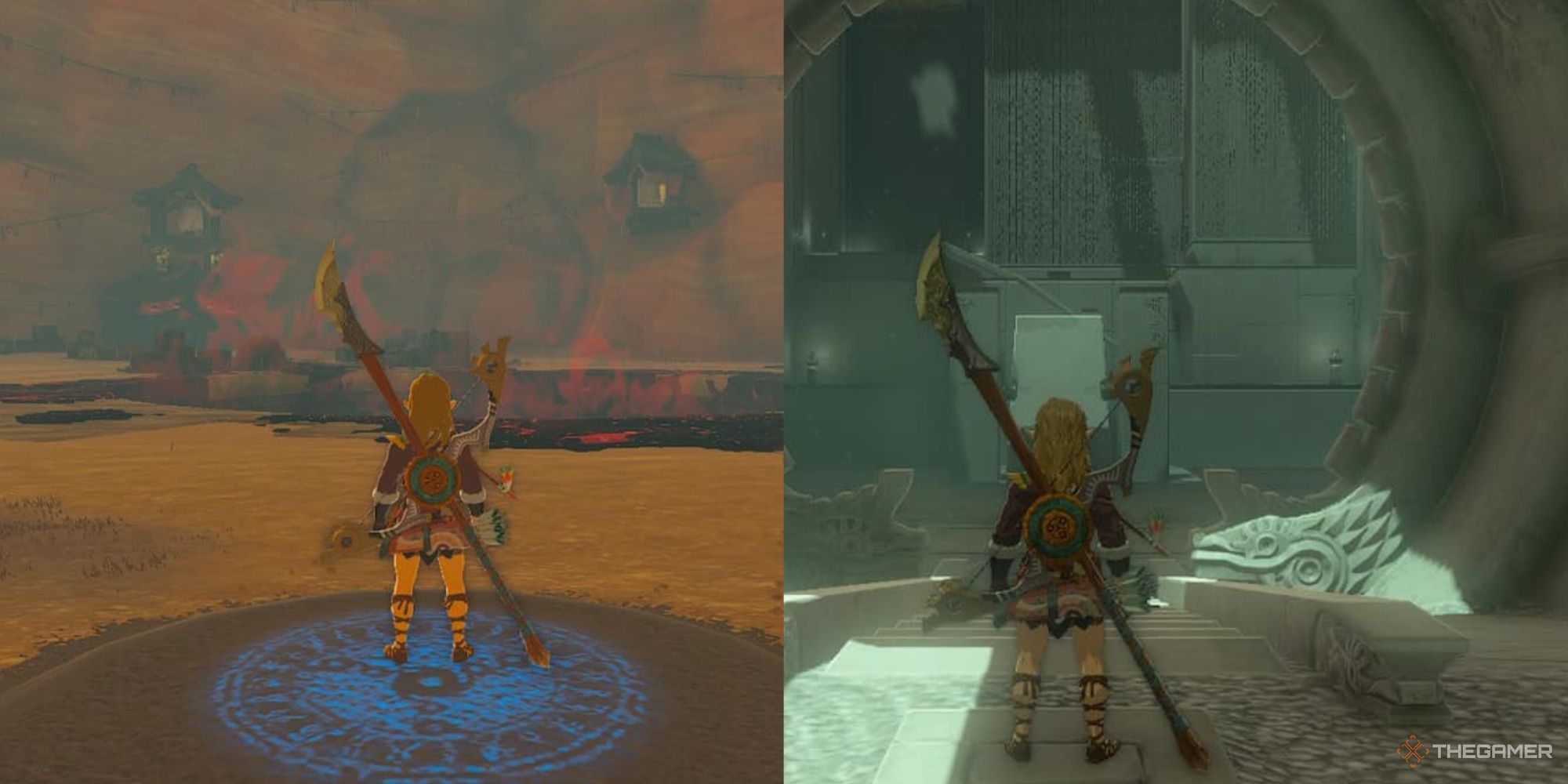 a collage of link standing at the entrance to rotsumamu shrine in the yiga clan hideout, as well as link inside rotsumamu shrine looking at the balancing levers in tears of the kingdom shrine guide