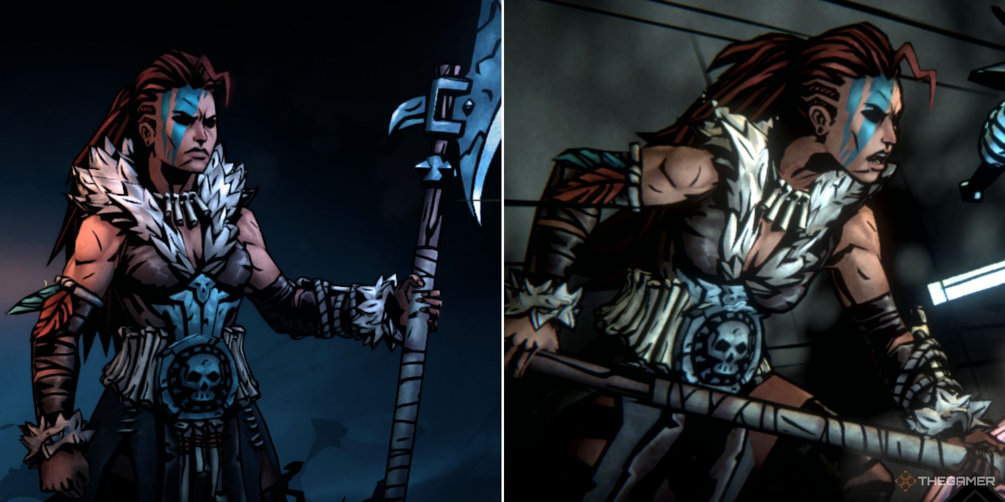 The Hellion, at the crossroads and in combat, in Darkest Dungeon 2