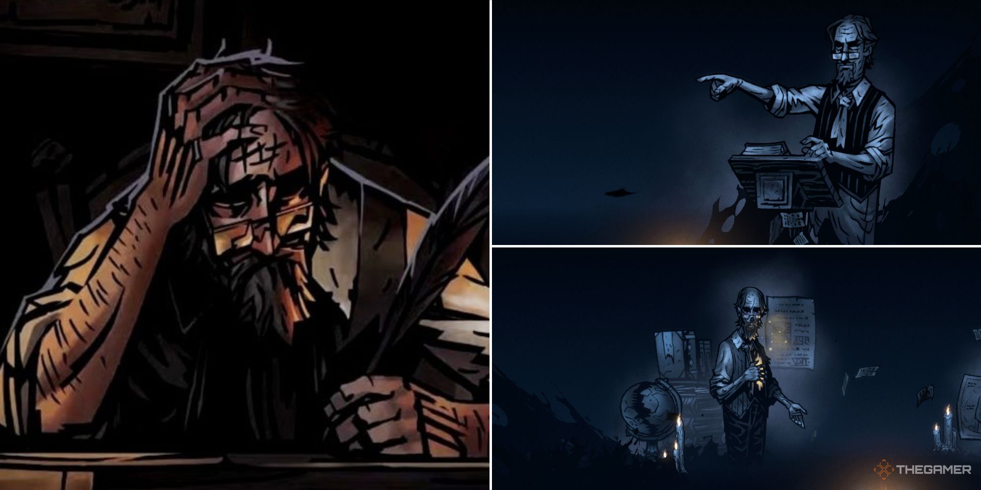 The Academic Narrator at various stages of his life in Darkest Dungeon 2