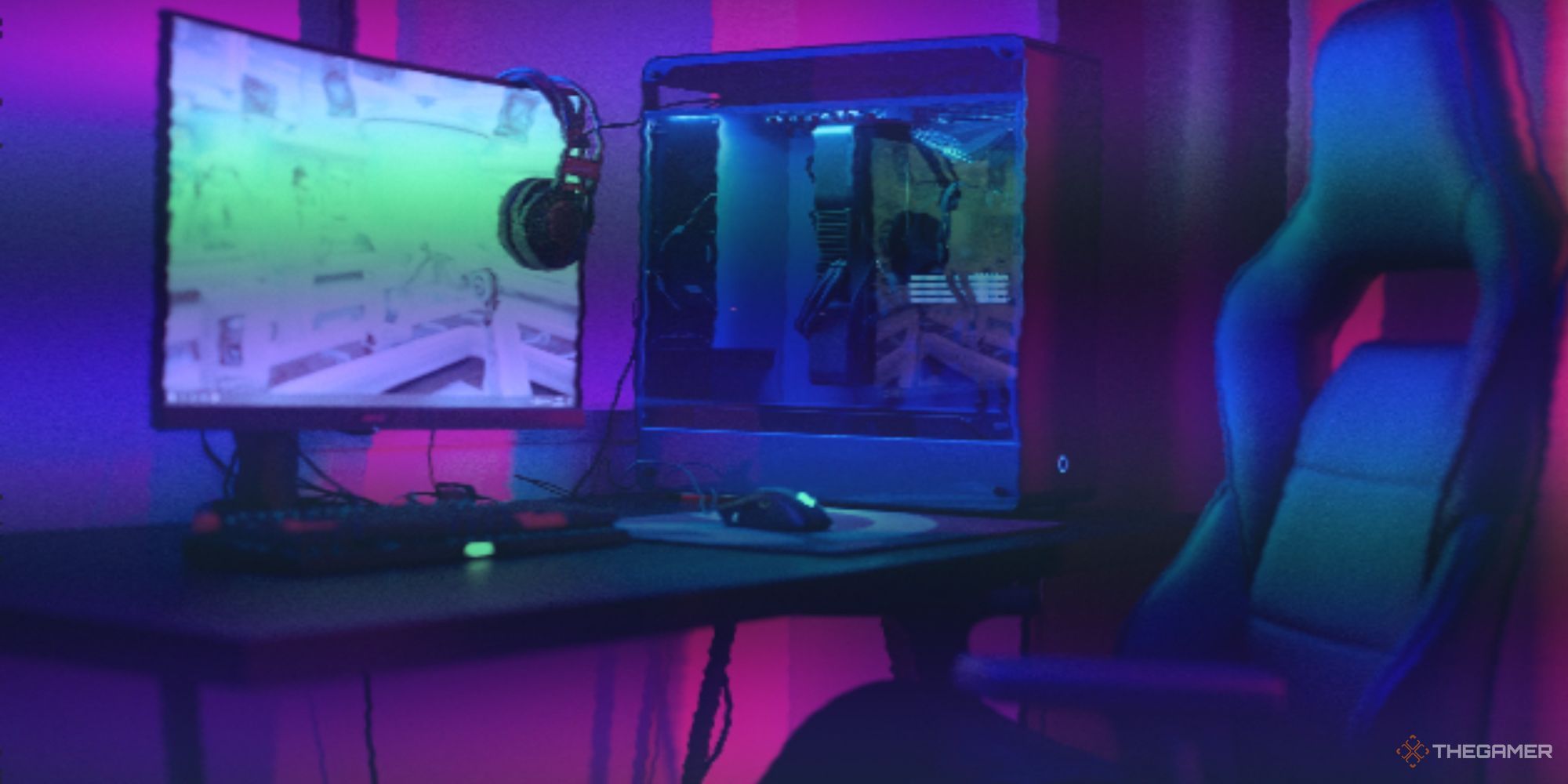 A gaming set up. The image has a blue and purple filter, and looks distorted. 