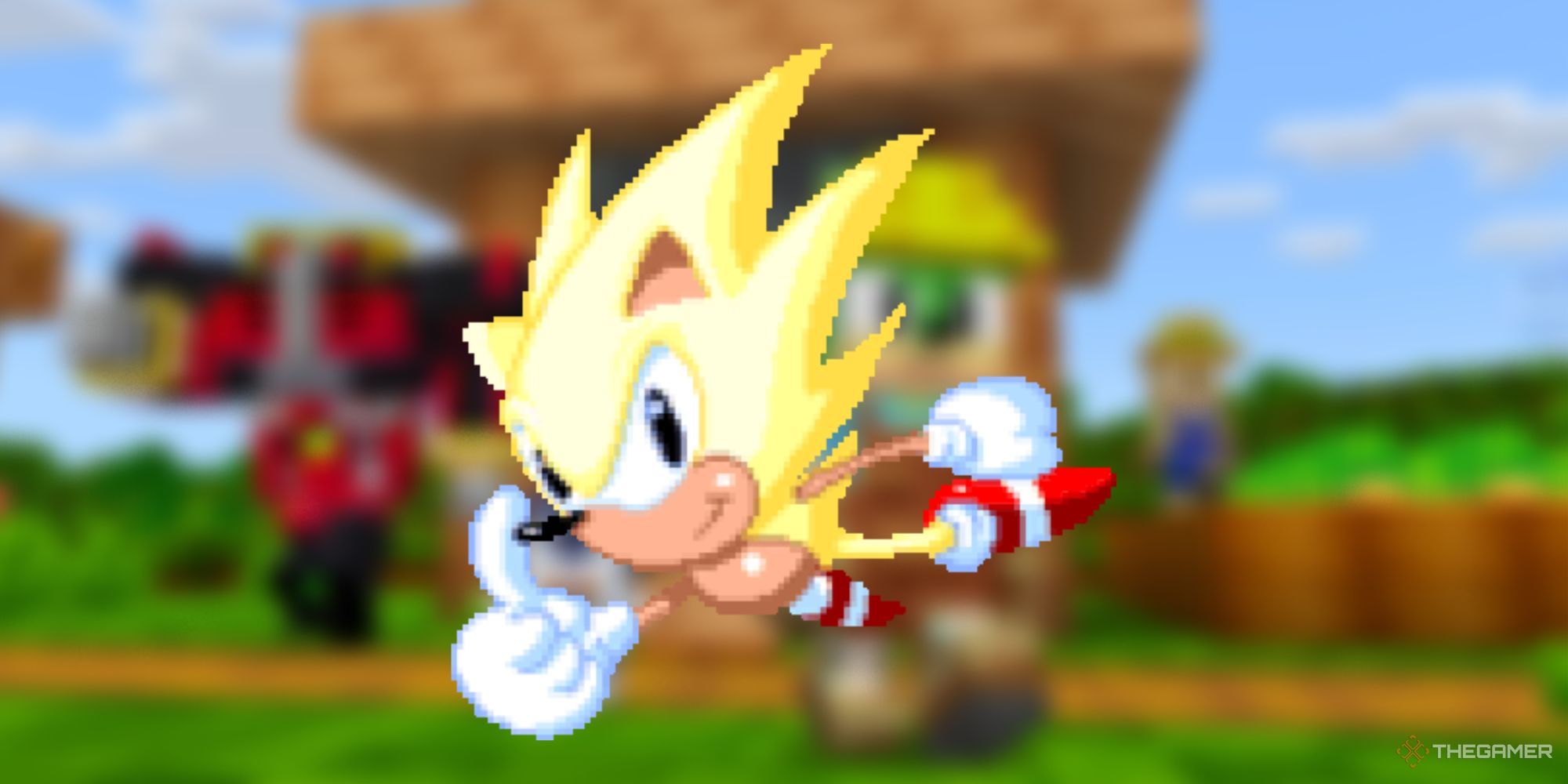 An image of Hyper Sonic - a form of Sonic that glows a white hue - on a blurred Minecraft background
