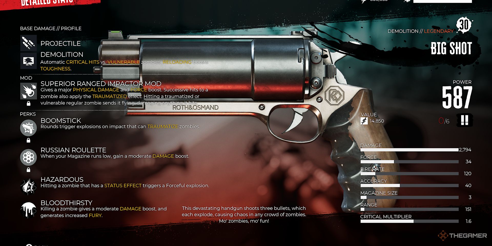 Image shows the legendary gun Big Shot and its stats in Dead Island 2