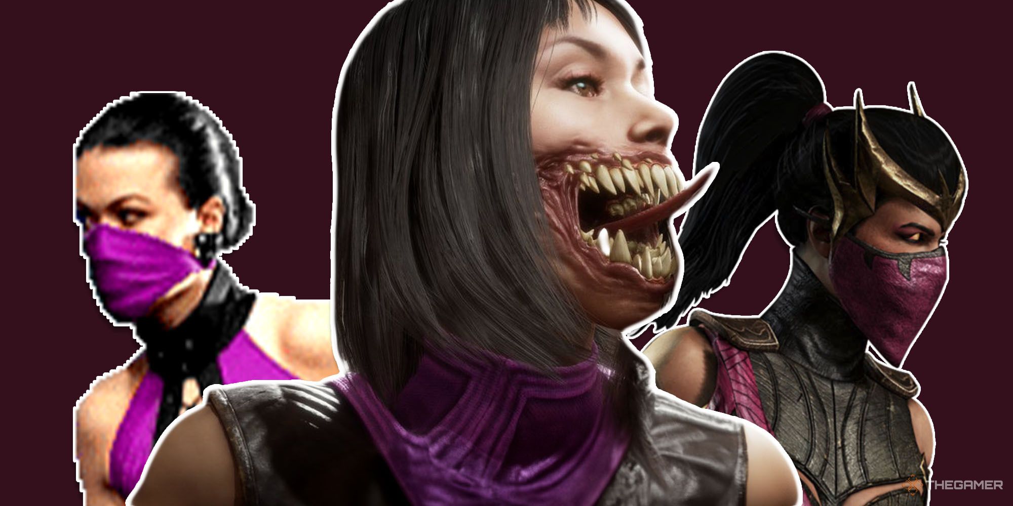 Three different versions of Mileena. On the left, we see her first, retro appearence, played by a real actor but pixelated. She is in a pink leotard and mask. In the middle, we see her Mortal Kombat 11 appearence. She doesn't have her mask on, showing her huge, fanged teeth. On the right, there's her Mortal Kombat X form, wearing a crown.