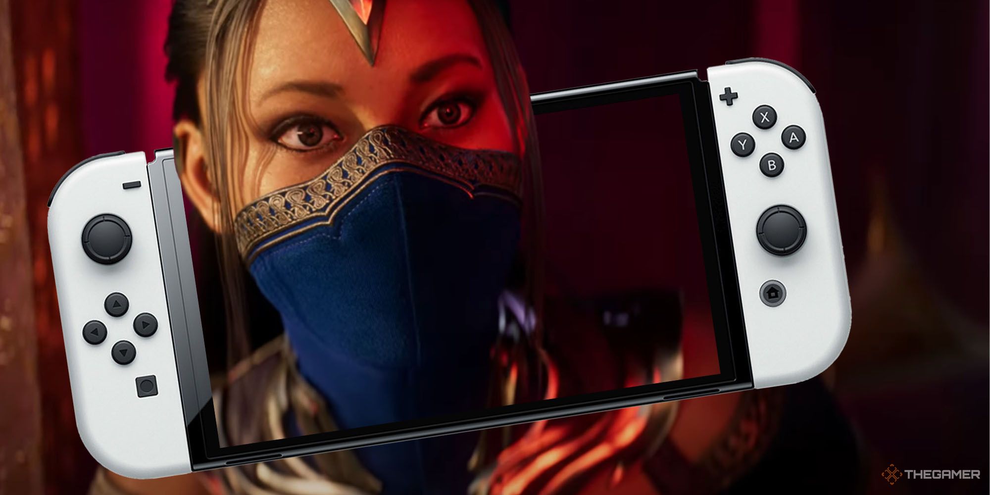 A screenshot of Kitana in Mortal Kombat 1, with a Nintendo Switch on top