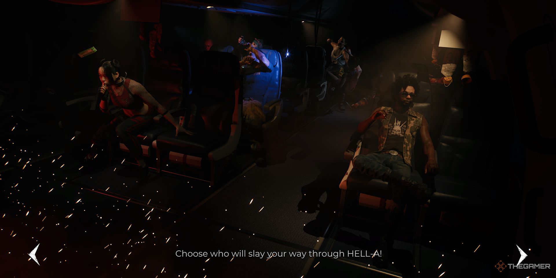 Image shows all Slayers in Dead Island 2 sitting on a plane.