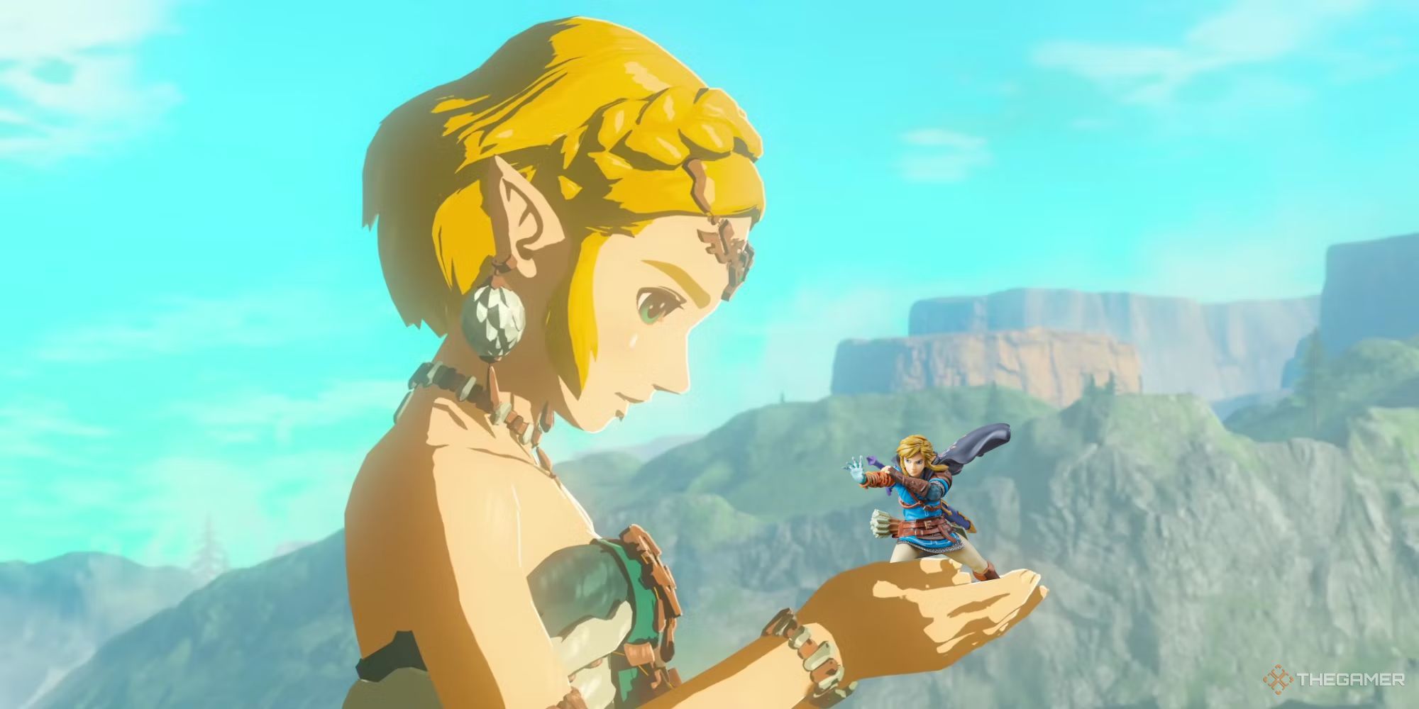 Photoshopped image of Zelda holding a Link Amiibo in Tears of the Kingdom