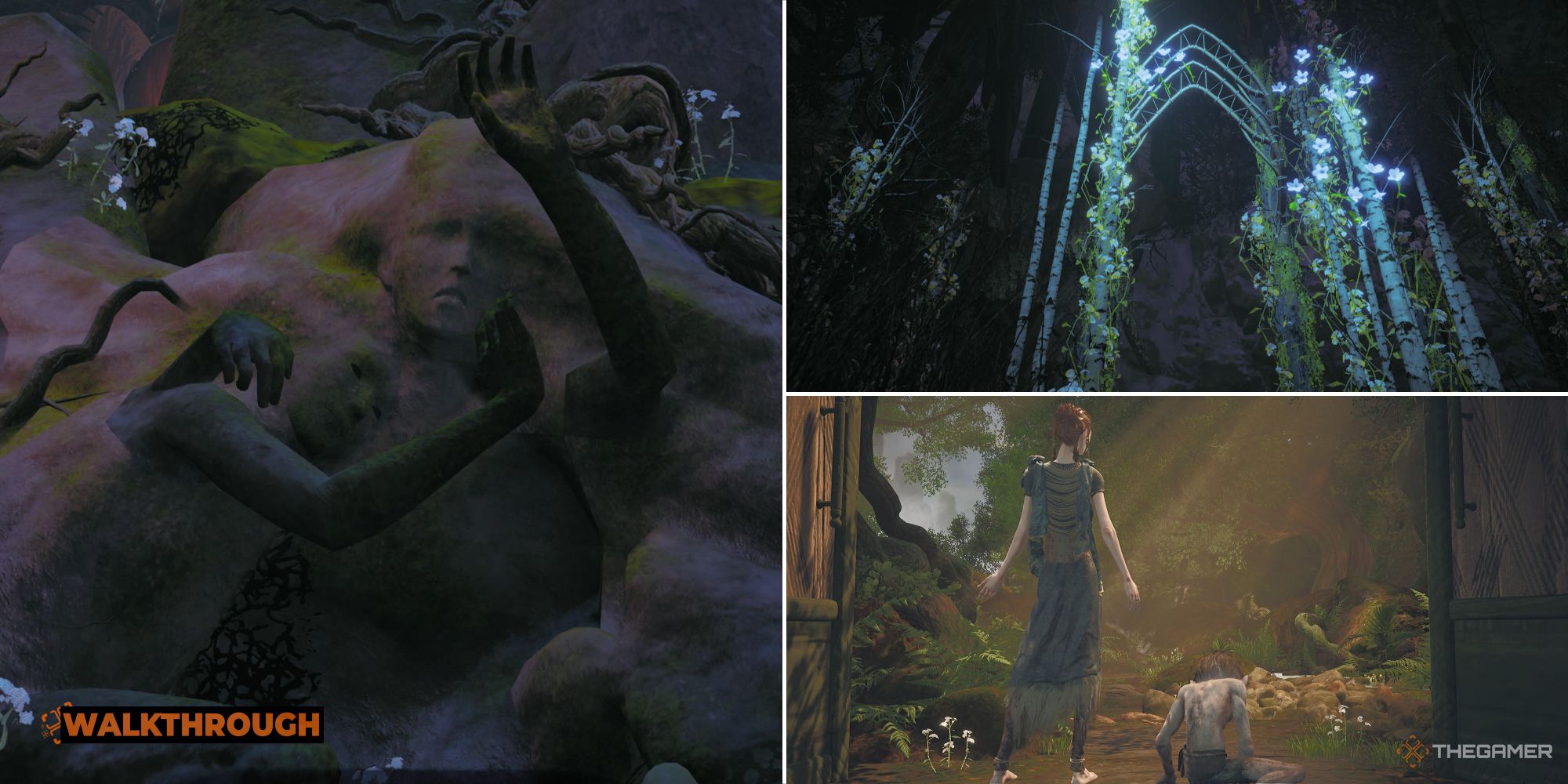 Smeagol, Mell, and the petrified remains of Turien and Priann in the Lord of the Rings: Gollum