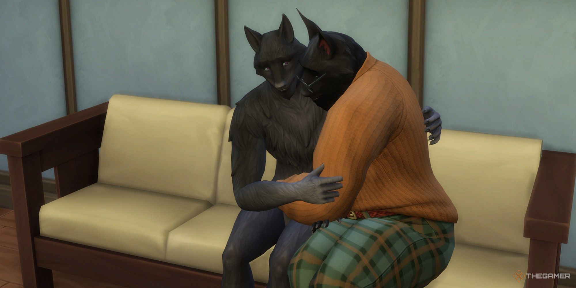 two werewolf fated mates on a date, snuggling on a couch in the sims 4 for our sims 4 fated mate werewolves guide-1