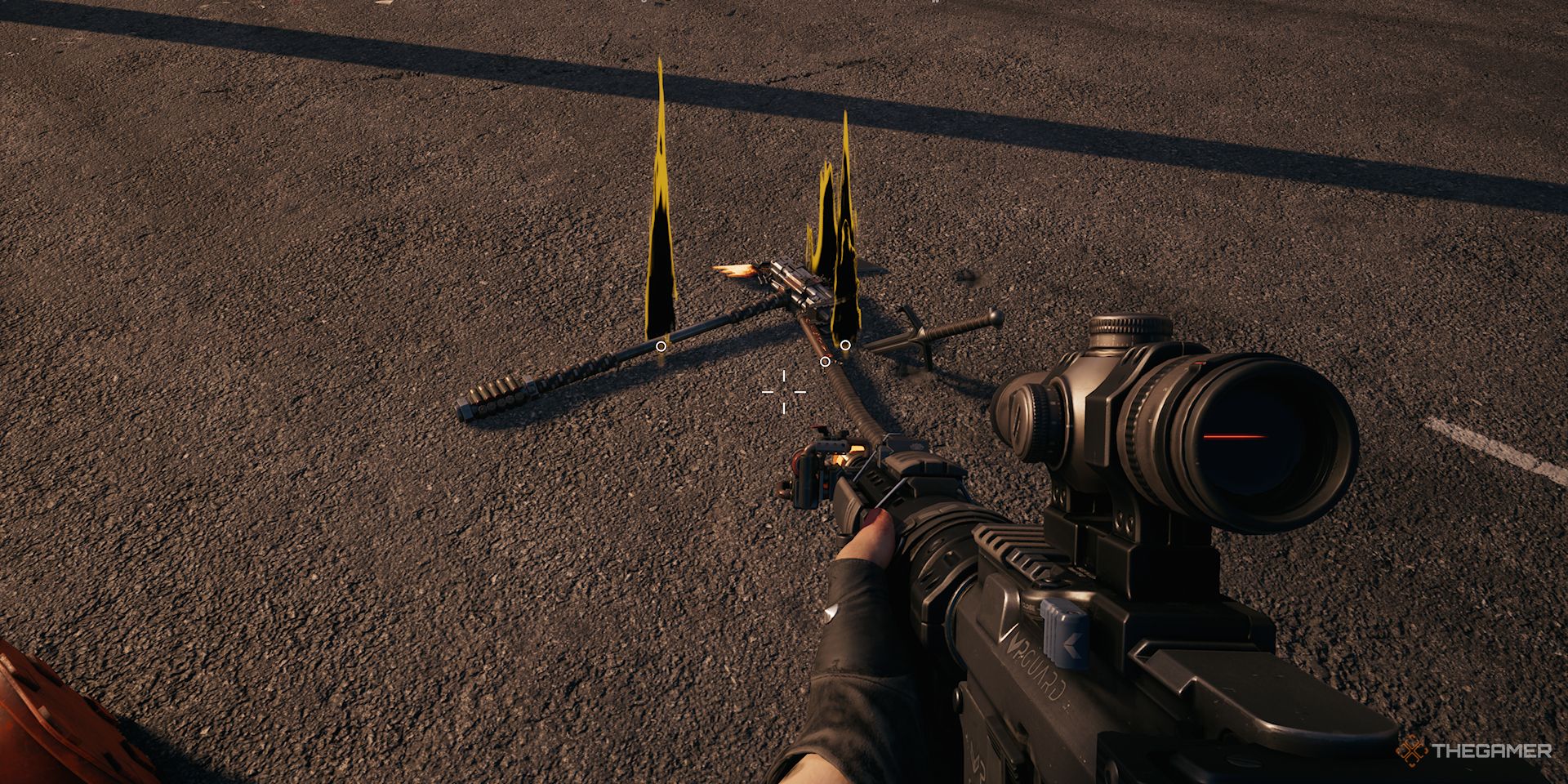 Image has multiple weapons on the ground