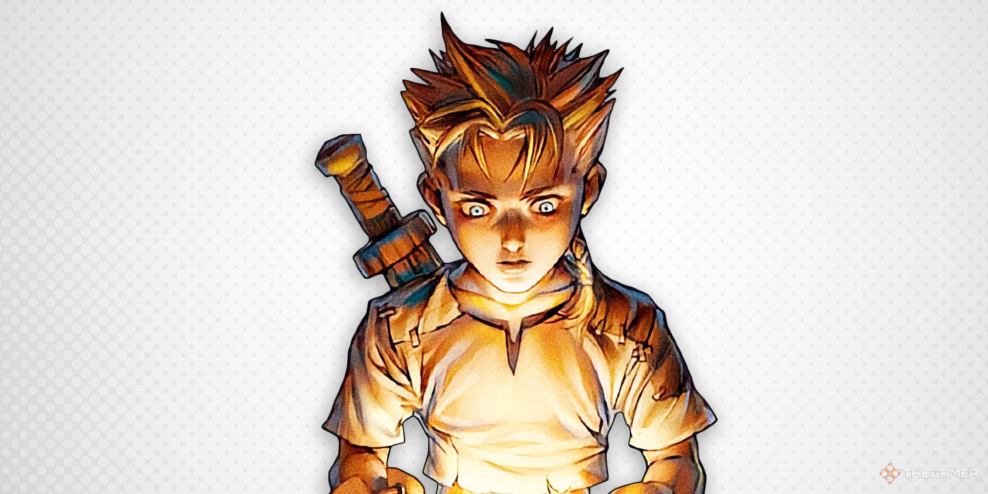 The cover art of the first Fable game on a white background. The box art depicts a child looking down towards a glowing light, with a wooden sword on his back. 