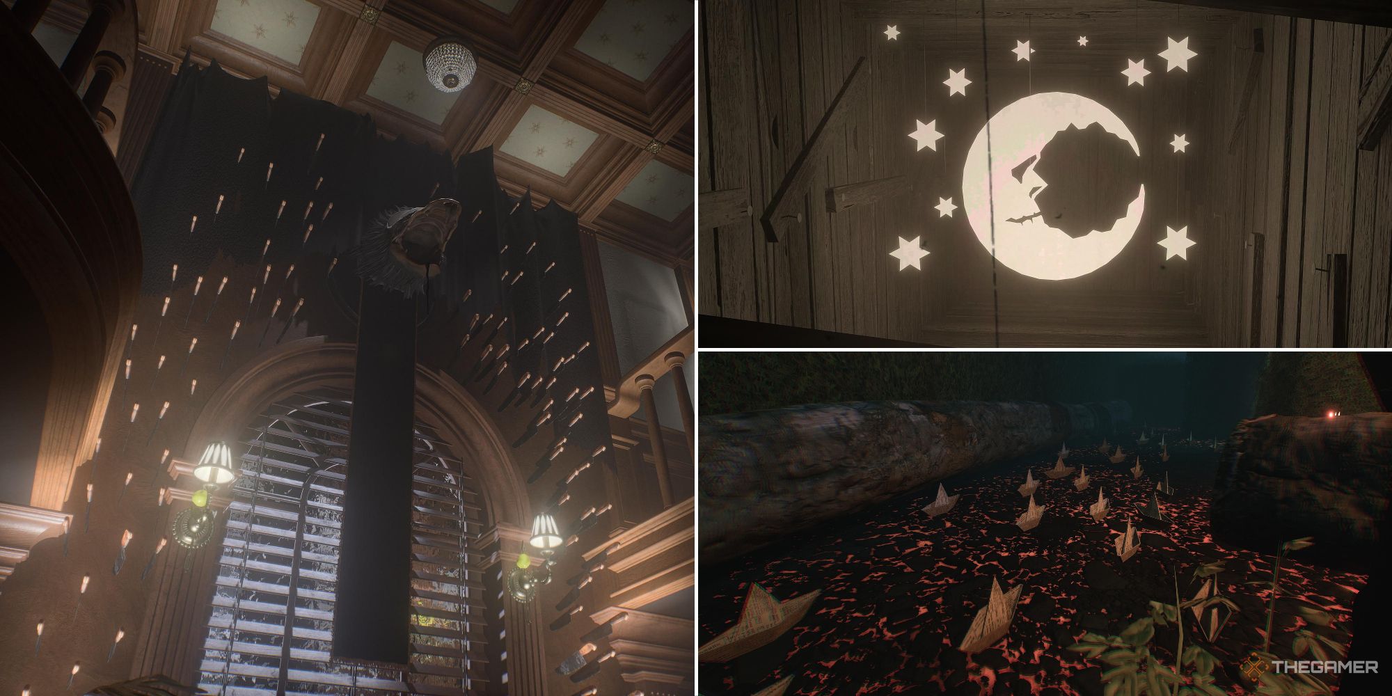 a wall filled with knives, plus a projection of a moon and stars over paper boats, in layers of fear 2023