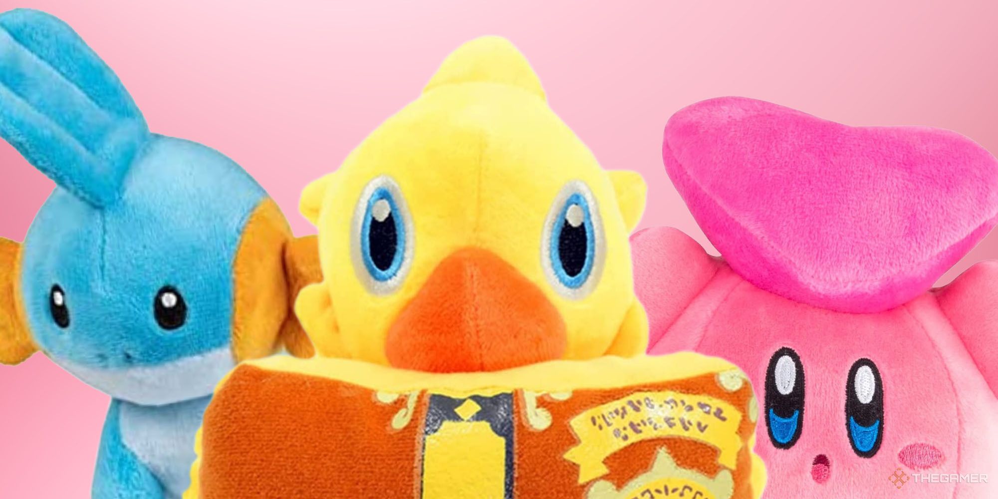 Mudkip, Chocobo, and Kirby plushes on a pink background