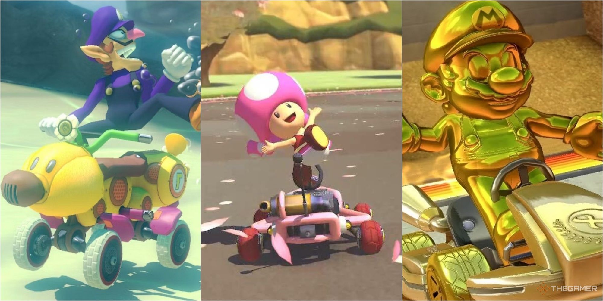 waluigi on wiggler, toadette on the pipe frame, and gold mario on the gold kart mario kart 8 best combo