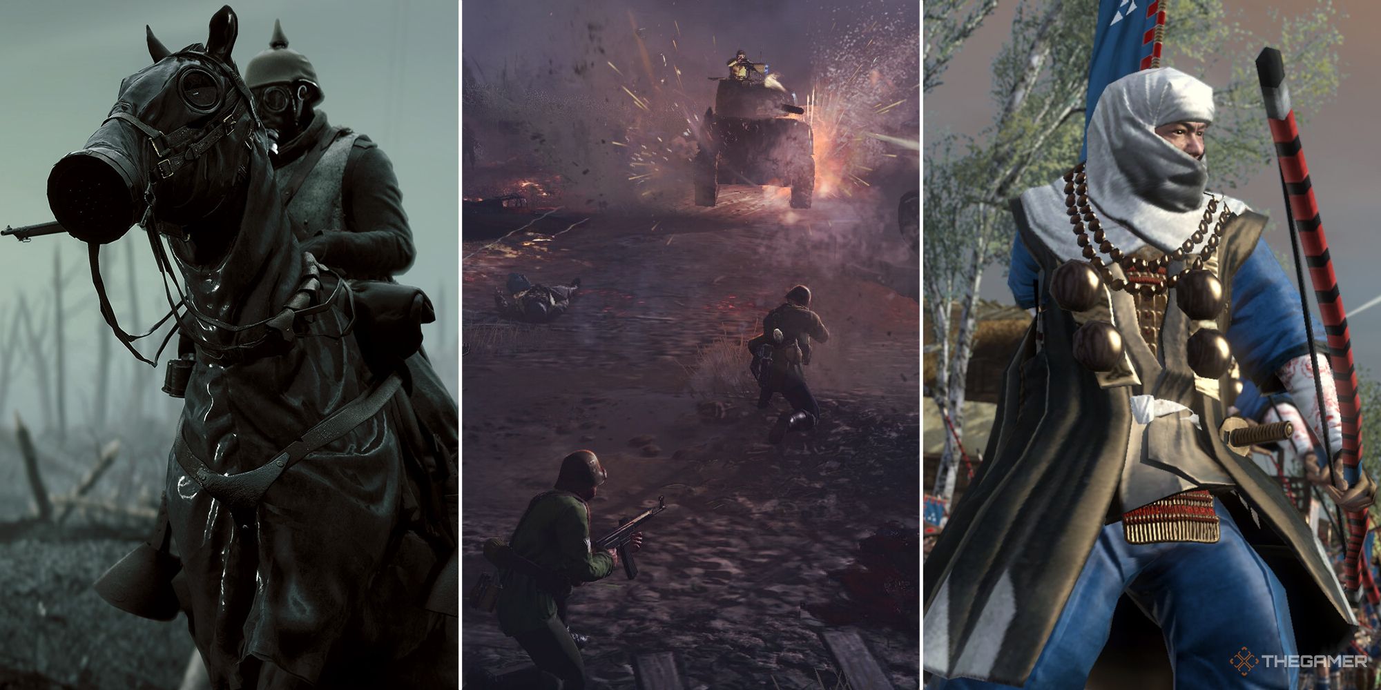 a mounted storm trooper in Battlefield 1, a combat scene from Company of Heroes 3, and a masked archer of the Hojo Clan in Total War: Shogun 2