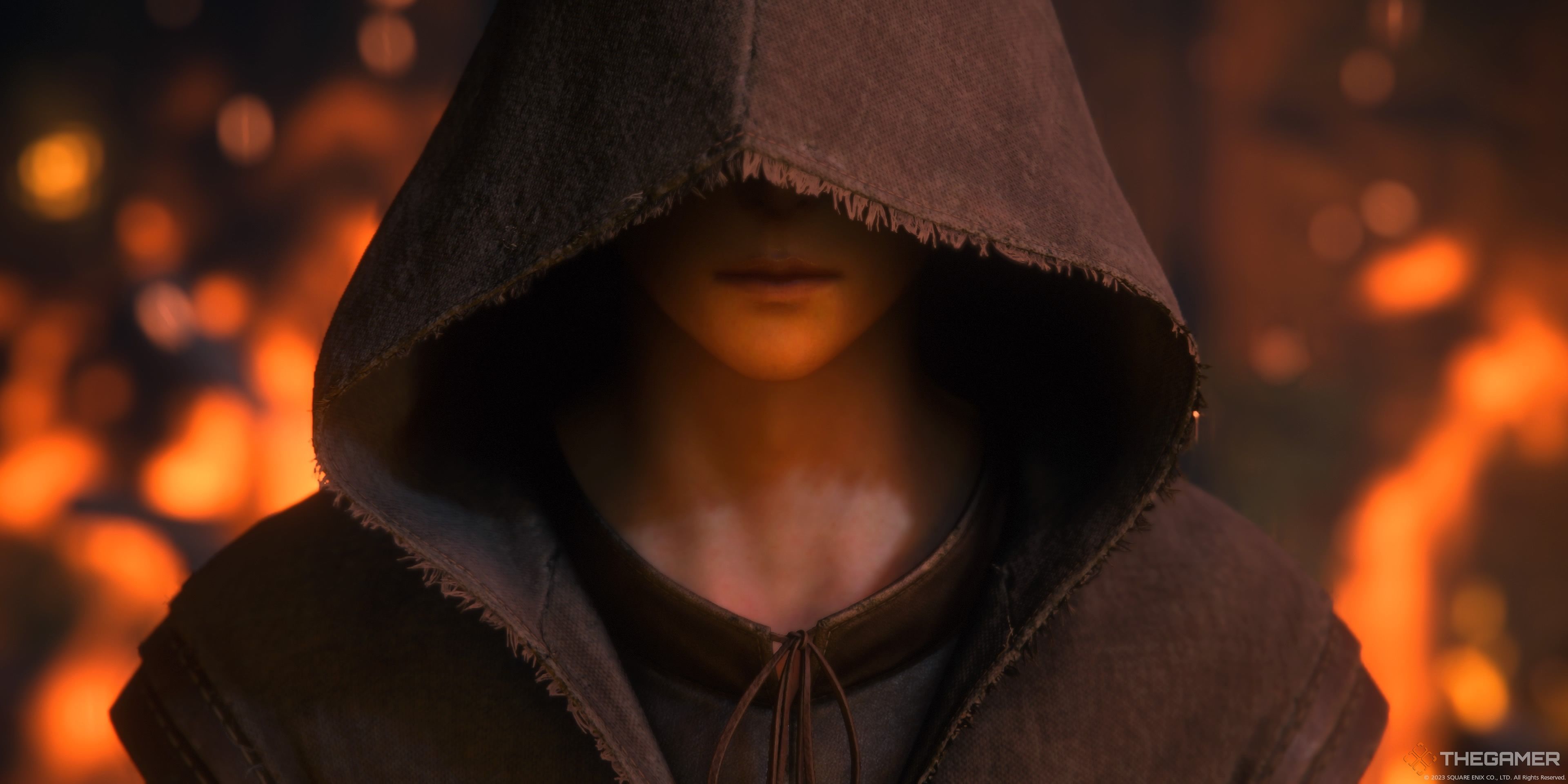 The Hooded Man surrounded by fire in Final Fantasy 16]