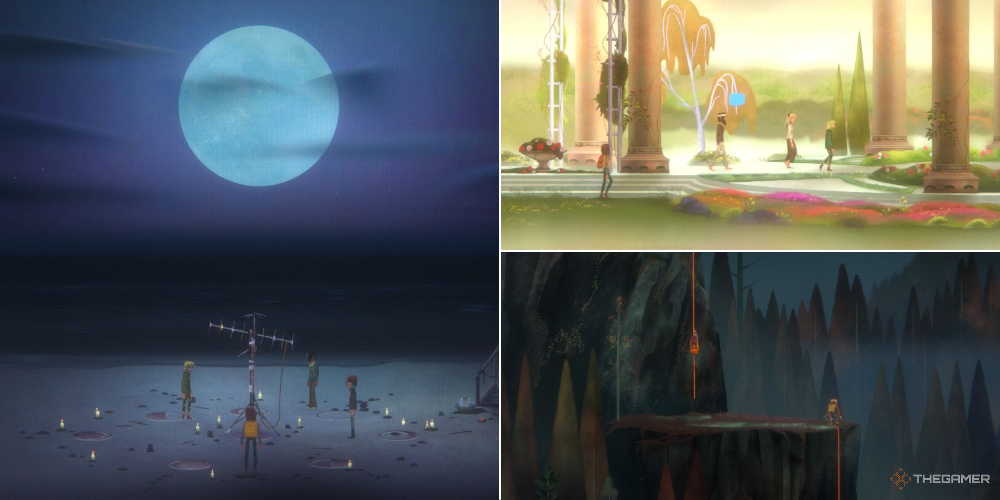 the beach antenna in oxenfree 2, with a flashback of cyan and magnolia and a scene of riley and jacob climbing