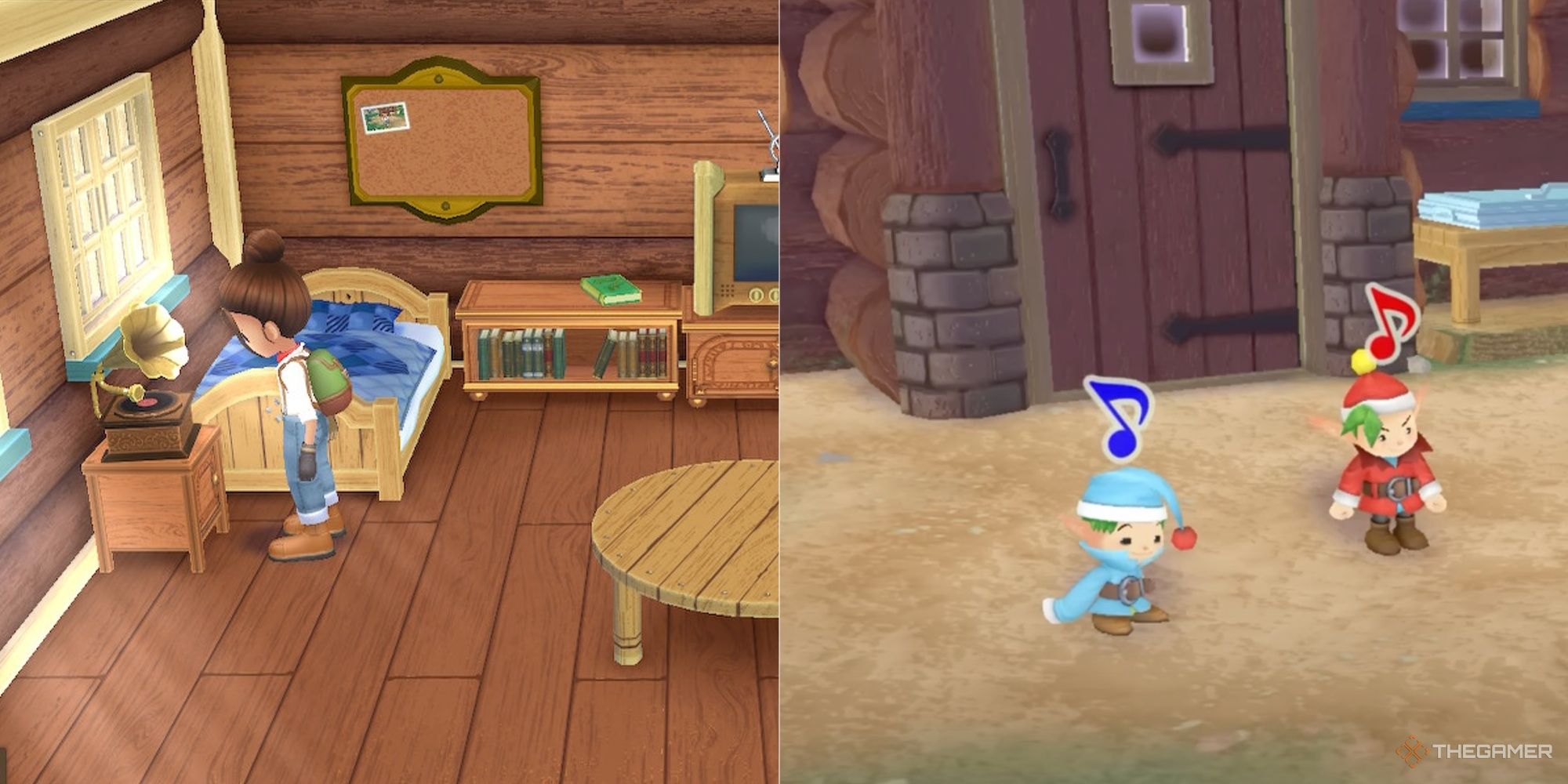 Left: Protagonist stands in front of record player in farmhouse Right: Nature Sprites in front of farmhouse in SoS: A Wonderful Life