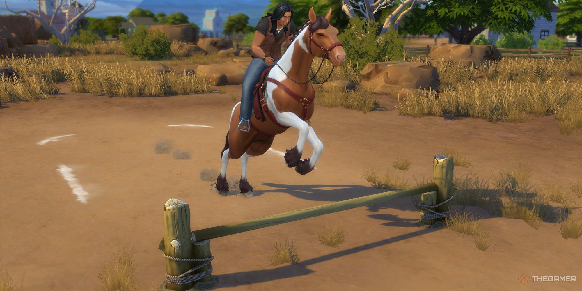 sims 4 horse ranch championship rider aspiration guide umber grove jumping his horse over a horse jump