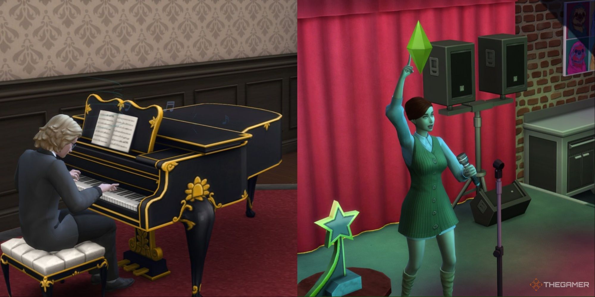 a sim playing piano and a sim on stage entertainer career the sims 4
