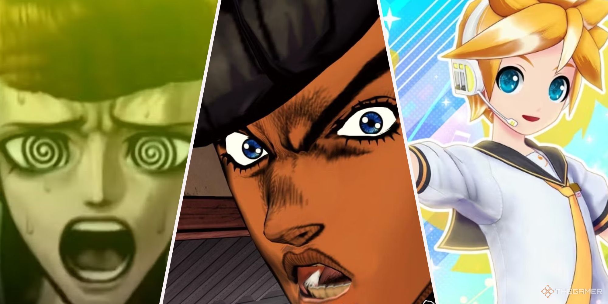 split images of mondo owoda in danganronpa, josuke in jojos bizarre adventure, and vocaloid len