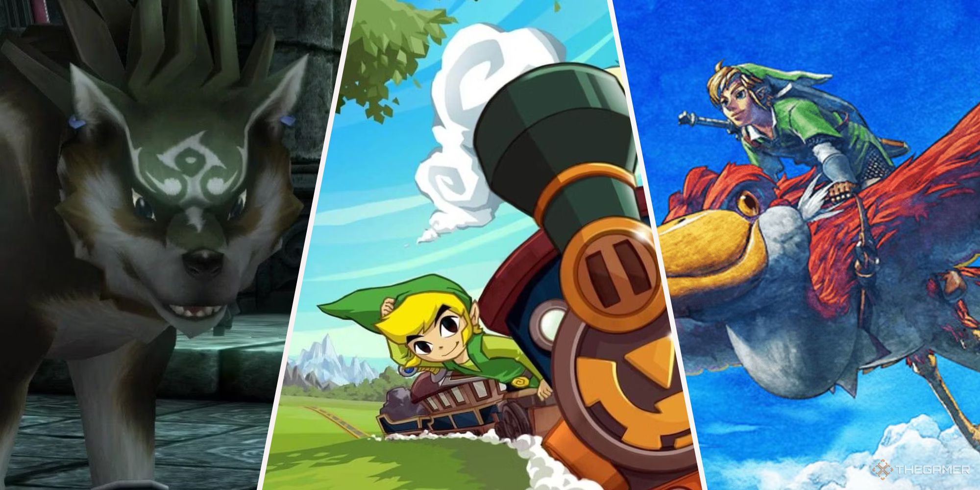 Collage image of wolf link, toon link in the spirit tracks train, and link riding loftwing in The Legend Of Zelda series.