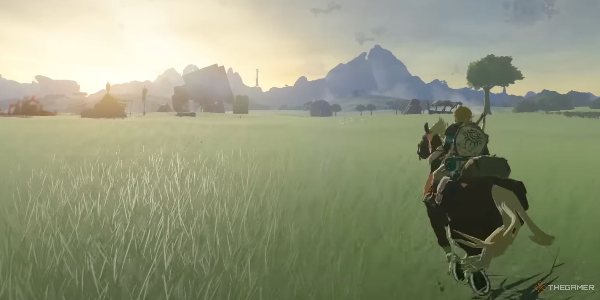Link riding horseback across a field in The Legend of Zelda: Tears of the Kingdom