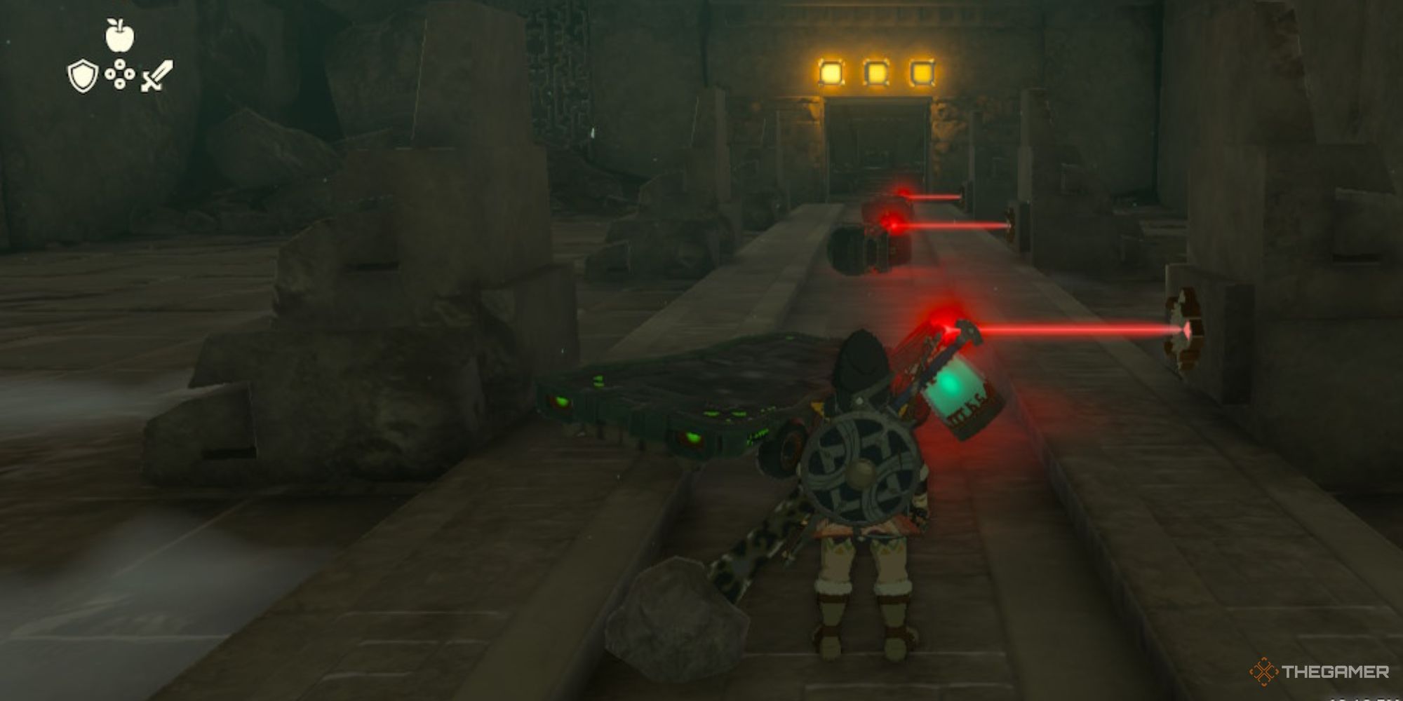 Link about to face three Lasers in Pagos Woods Excavation Site in The Legend of Zelda: Tears of the Kingdom