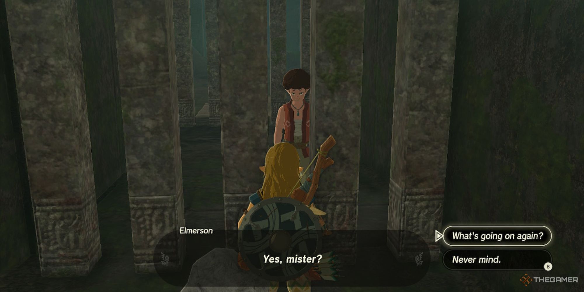 Link talking to a trapped Elmerson in The Legend of Zelda: Tears of the Kingdom