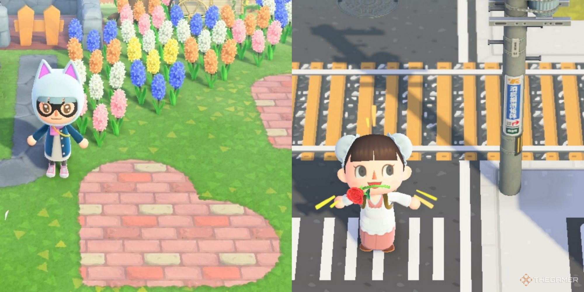 a villager wearing a cat mask by pink brick hearts, and a villager by train tracks acnh path codes
