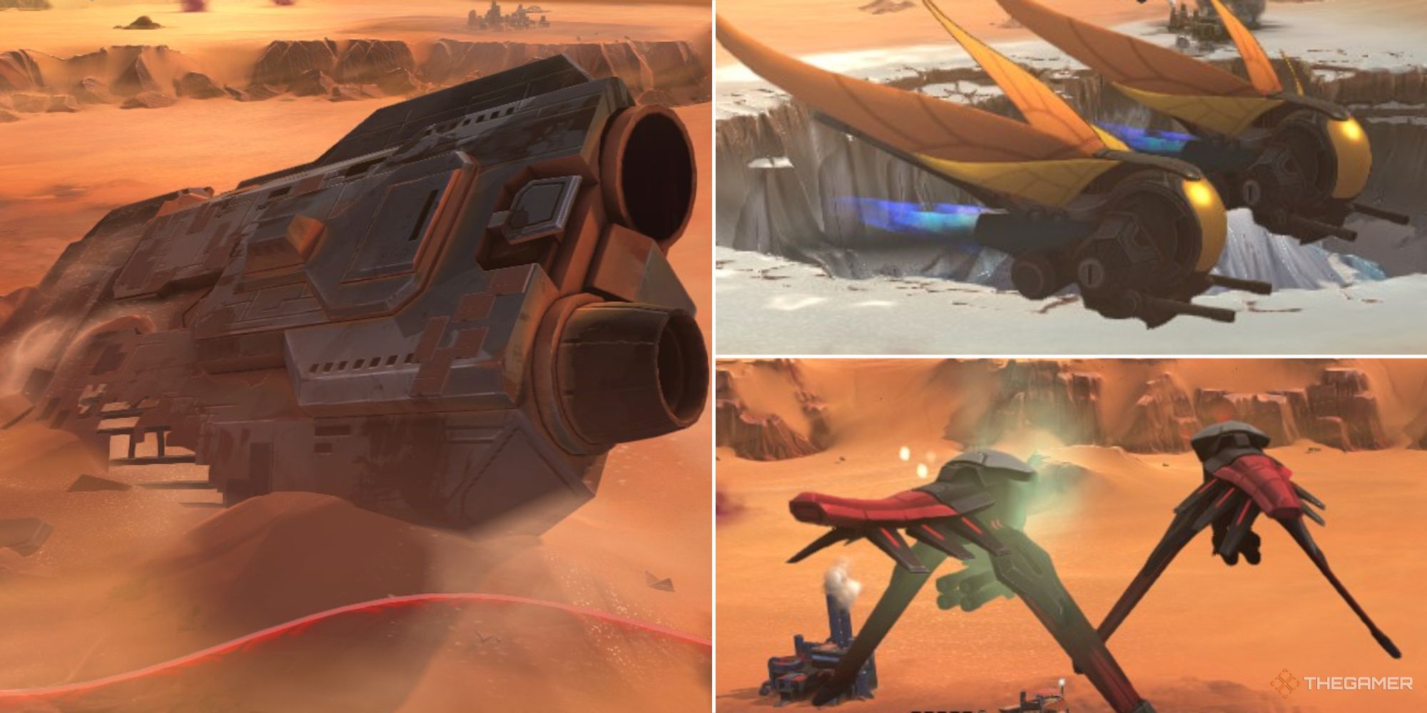 The crashed cruiser in Dune: Spice Wars, with Fremen and Harkonnen fighters
