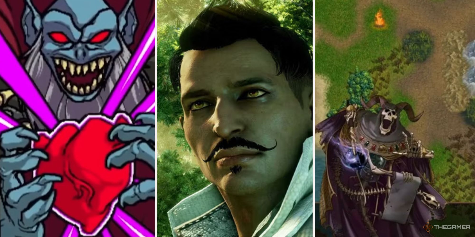 Split image of Necrodancer, Dorian Pavus from Dragon Age, and Lich-Lord Jevyan from Battle of Wesnoth