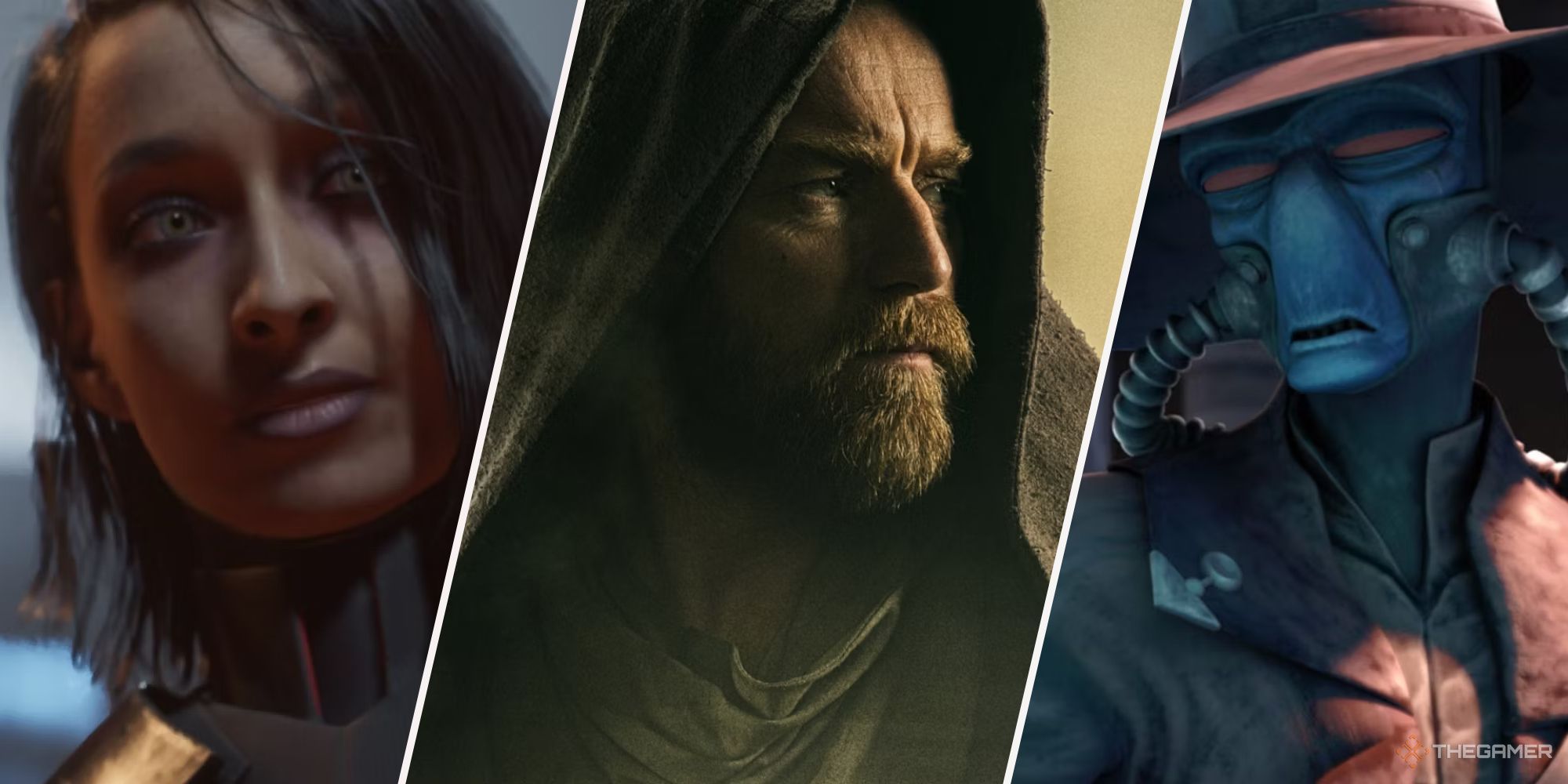 Trilla, Obi-Wan, and Cad Bane from Star Wars in slanted banner image