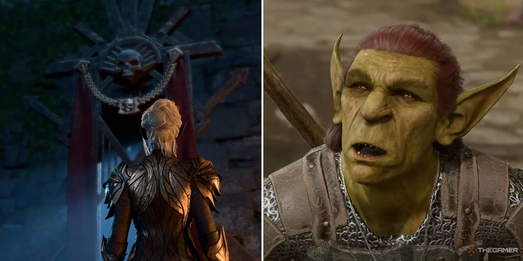 کولاژ Baldur's Gate 3 که مینتارا را با محراب مطلق و بازیکن در حال صحبت با Goblin نشان می دهد