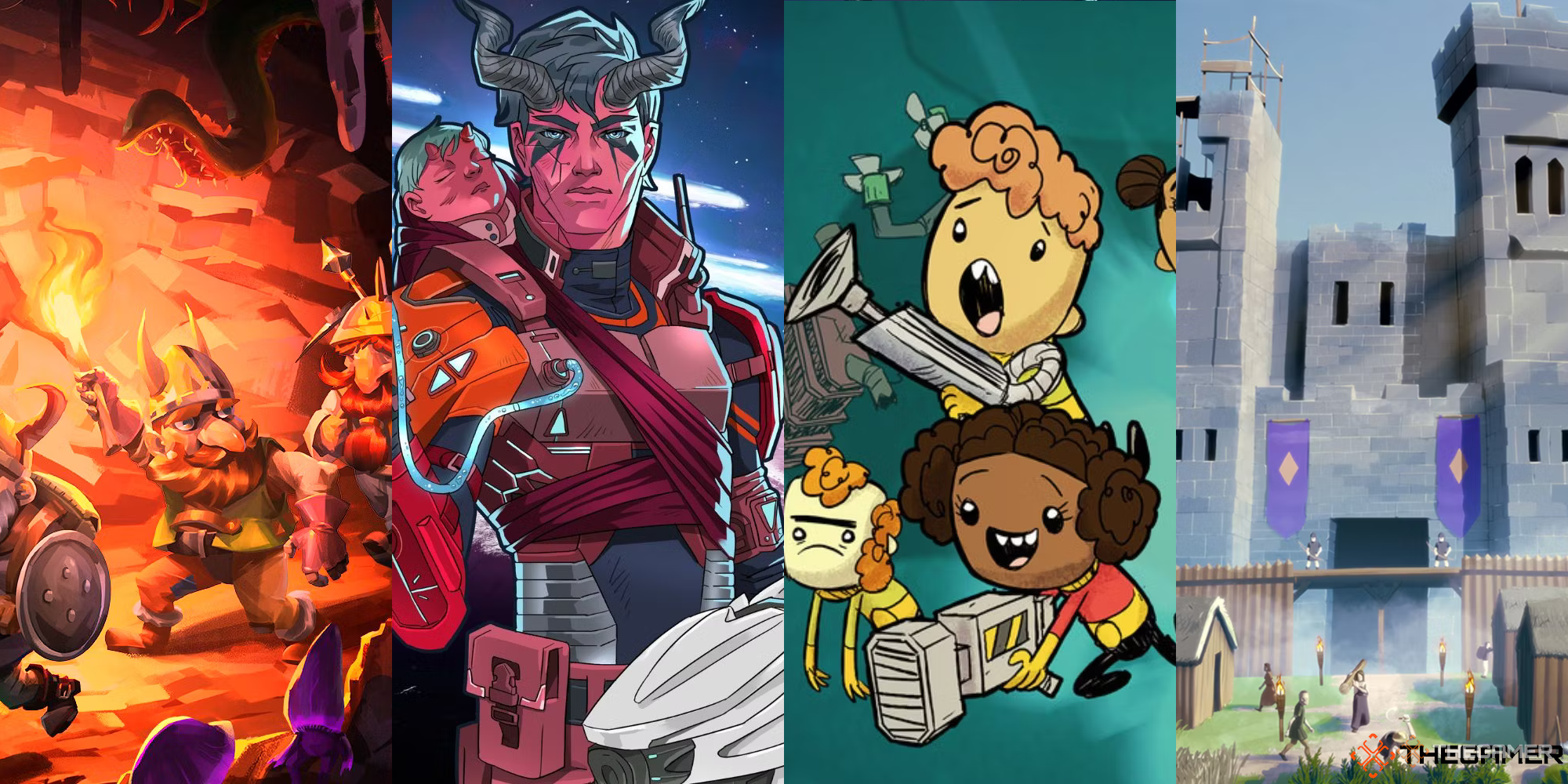 Four images featuring covers of Dwarf Fortress, Rimworld: BioTech, Oxygen Not Included, and Going Medieval