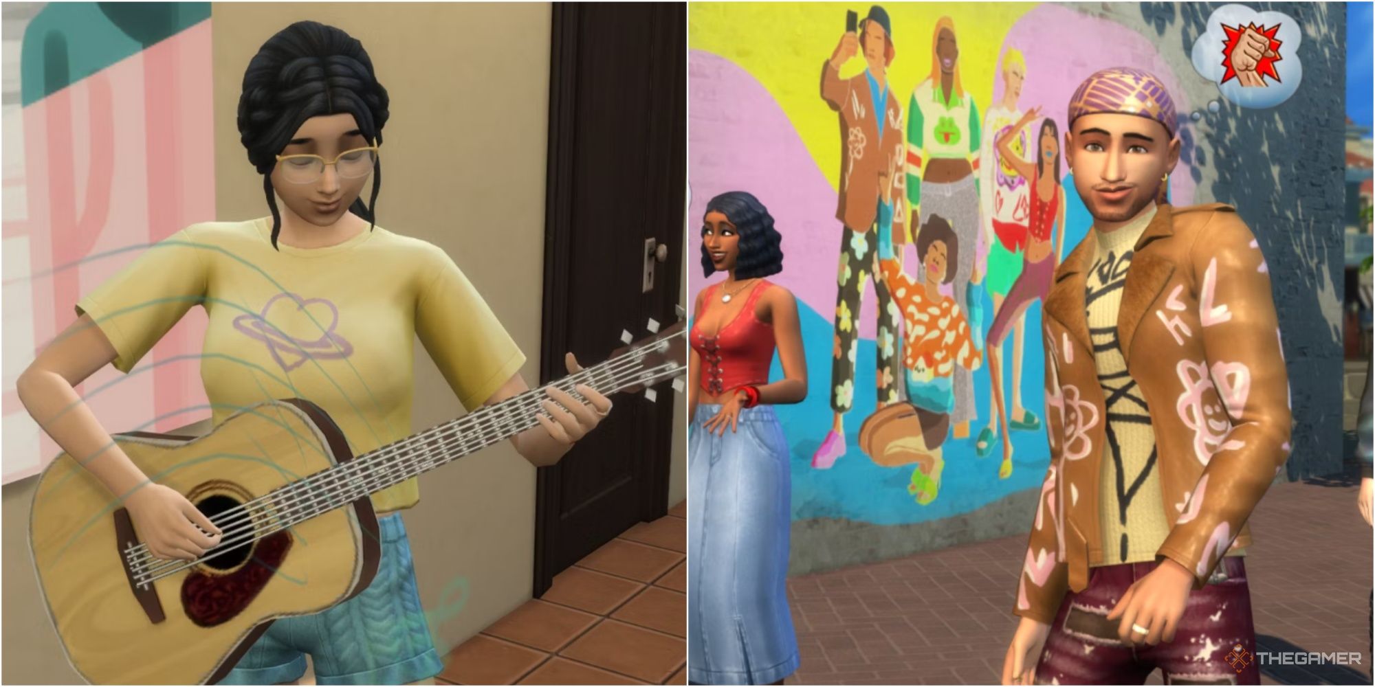 a sim playing guitar and a trendy sim wearing depop clothes sims 4 entrepreneur skill