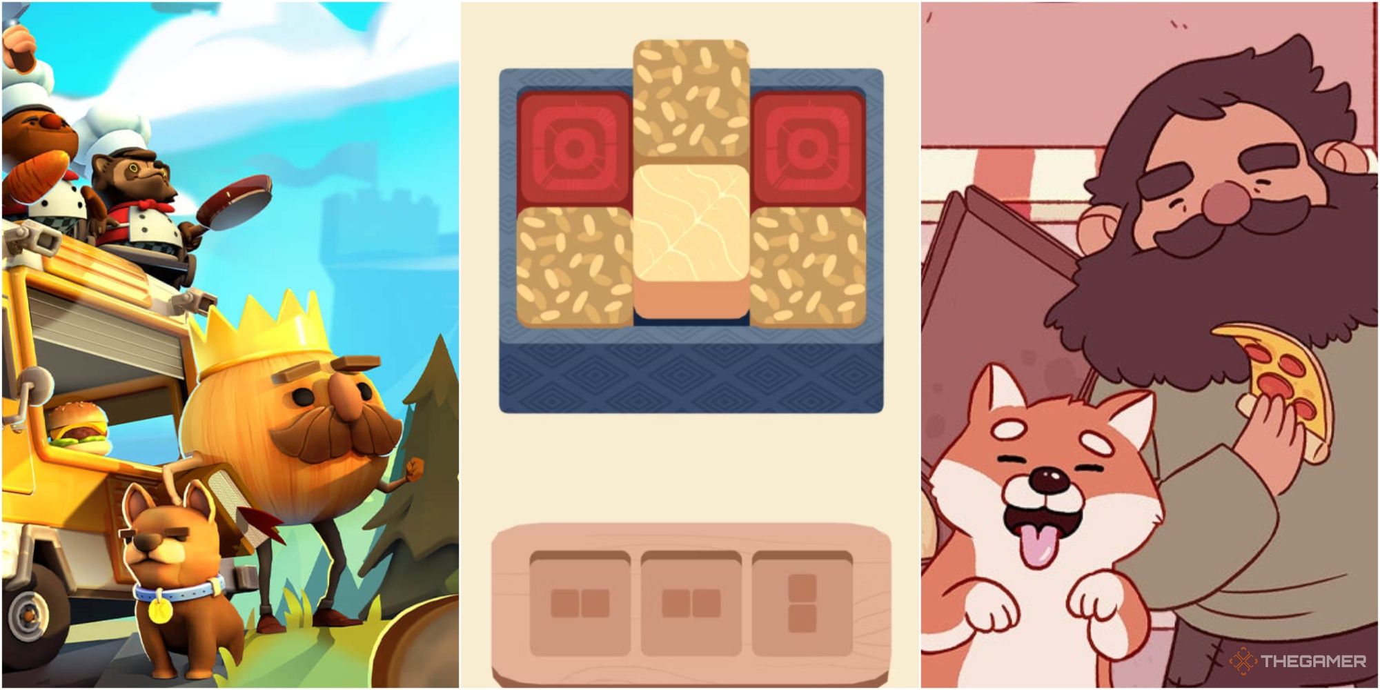 the onion king from overcooked 2, inbento sushi box, and good pizza great pizza customers best cooking games switch